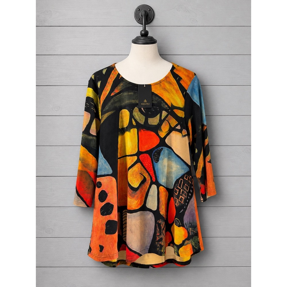 New Radzoli Tunic Top Size Small Vibrant Abstract Artsy Print 3/4 Sleeves